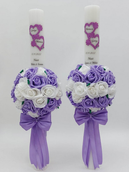 Set 2 Lumanari Nunta 60 cm Cu Flori Artificiale Mov