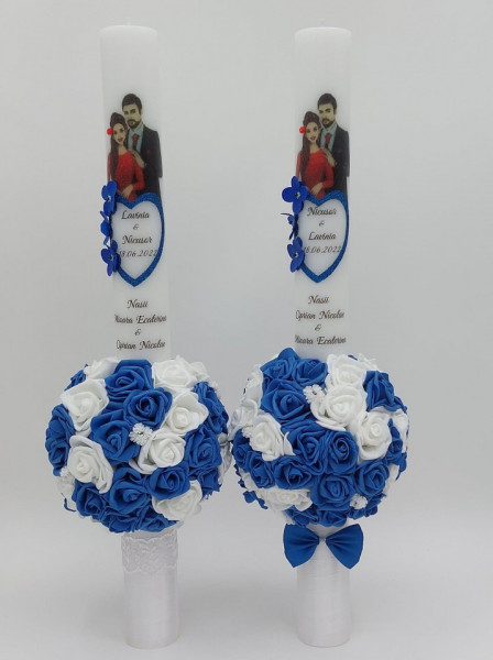 Set 2 Lumanari Nunta Cu Aranjament Floral Albastru Lungime 60 cm