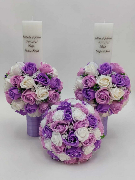 Set Lumanari Nunta Si Buchet Mireasa Cu Flori De Sapun
