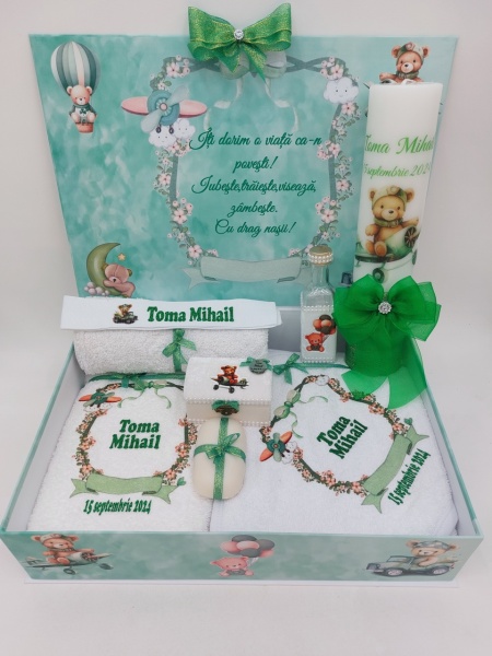 Trusou Botez Cu Ursulet Aviator Verde