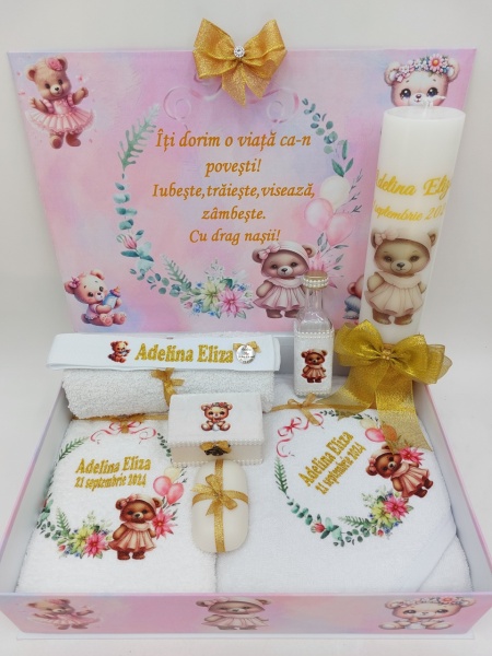 Trusou Botez Roz Si Auriu Cu Tematica Ursuleţ
