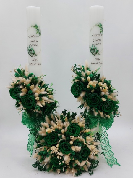 2 Lumanari Nunta Verde Smarald Si Buchet Mireasa Cu Trandafiri Criogenati Si Flori Naturale Uscate