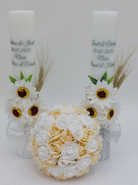 Pachet Nunta Cu Aranjament Rustic (Buchet Mireasa + 2 Lumanari Scurte)
