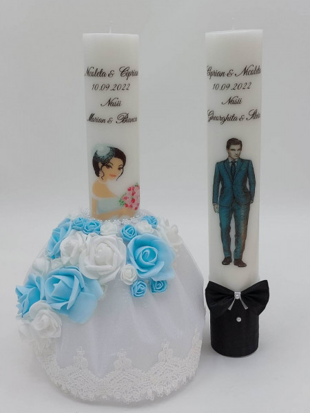 Set 2 Lumanari Nunta Bleu Cu Rochie Si Papion
