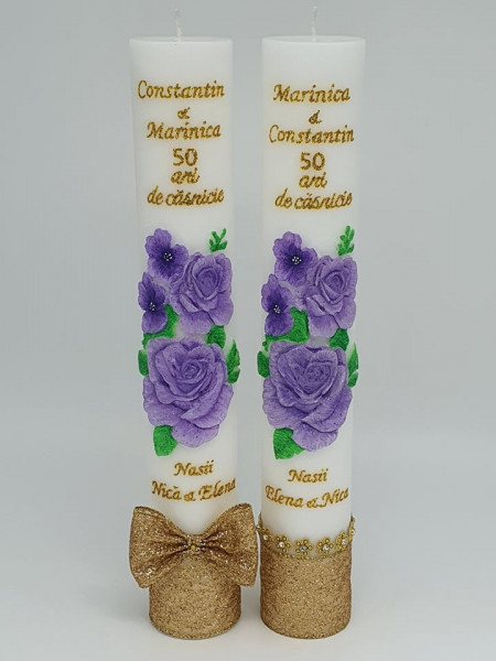 Set 2 Lumanari Nunta De Aur Cu Trandafiri 3D
