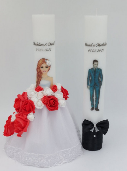 Set 2 Lumanari Nunta/Cununie Cu Rochie Si Flori Artificiale