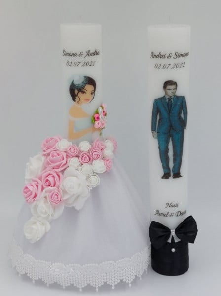 Set 2 Lumanari Nunta/Cununie Rochie Mireasa Si Flori Artificiale