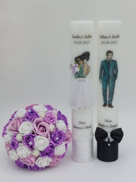 Set 2 Lumanari Nunta Groase + Buchet Mireasa Flori Artificiale