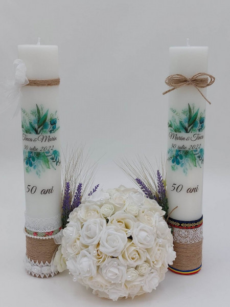 Set Buchet Mireasa Si 2 Lumanari Nunta De Aur Cu Tematica Traditionala