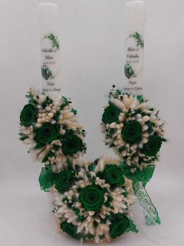 Set 2 Lumanari Nunta Verzi Si Buchet Mireasa Cu Trandafiri Criogenati