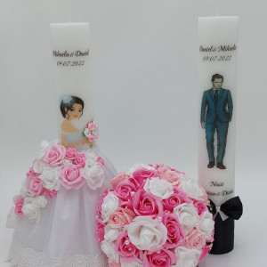 Set Buchet Mireasa Roz + 2 Lumanari Personalizate Nunta - Img 1