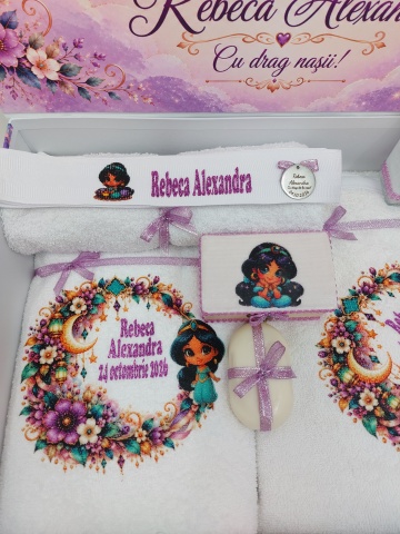 Trusou De Botez Personalizat Pentru Fetiță, Tematică Jasmine, Cu Mov , Nume Şi Dată - Img 4