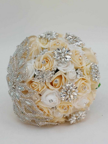 Buchet Nunta Crem Cu Perle, Strasuri, Brose Si Margele - Img 3