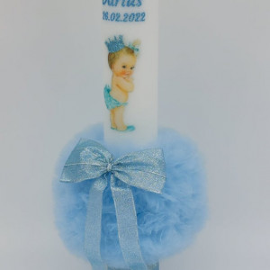 lumanare botez personalizata cu coronita si tul bleu