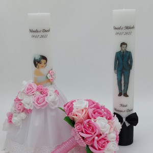 Set Buchet Mireasa Roz + 2 Lumanari Personalizate Nunta - Img 2