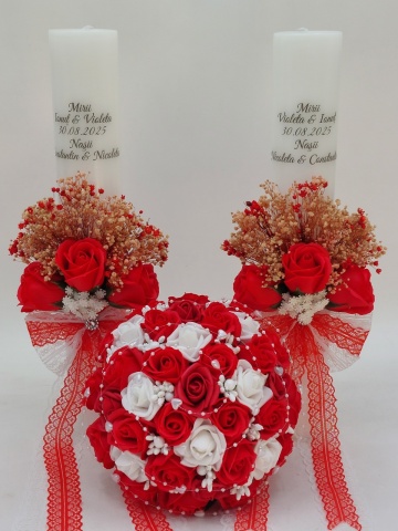Set Nunta 2 Lumanari Si Buchet Mireasa Rosu