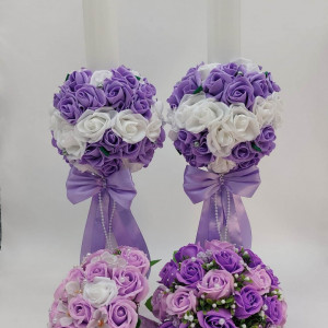 Set Nunta Mov 2 Lumanari Personalizate Si 2 Buchete Cu Flori Artificiale - Img 3