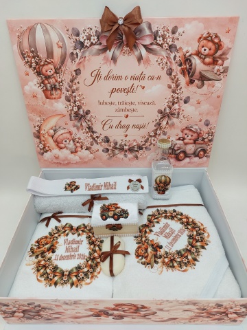 Trusou Botez Personalizat cu Ursuleț Aviator și Balon cu Aer Cald – Maro - Img 3