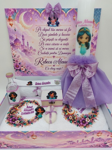 Trusou De Botez Personalizat Pentru Fetiță, Tematică Jasmine, Cu Mov , Nume Şi Dată