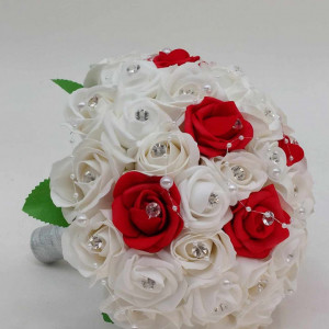 Buchet Mireasa Cu Flori Artificiale Albe Si Rosii - Img 3