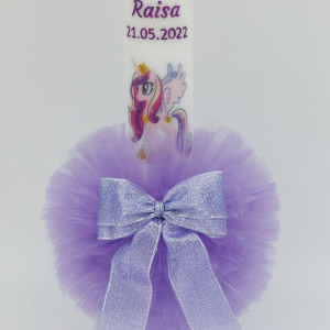 lumanare botez personalizata cu unicorn si tul lila