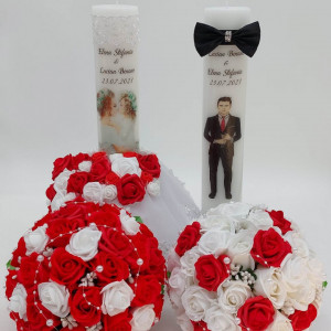 Set Personalizat Nunta 2 Lumanari Ornate + 2 Buchete Mireasa/Nasa