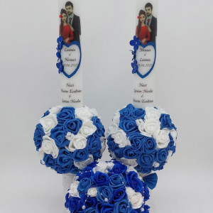 Set Buchet Mireasa + 2 Lumanari Nunta Cu Aranjament Din Flori Artificiale Albastre