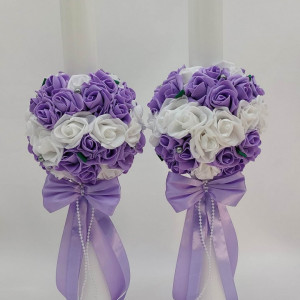 Set Nunta Mov 2 Lumanari Personalizate Si 2 Buchete Cu Flori Artificiale - Img 5