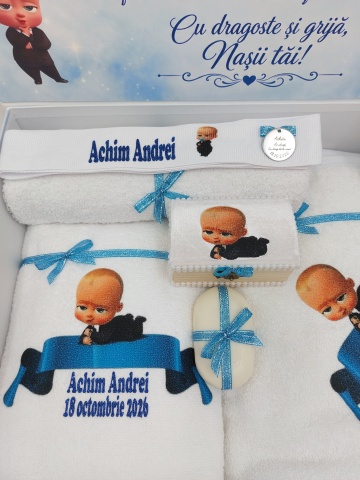 Trusou Botez Personalizat Boss Baby cu Trandafiri Criogenaţi Bleu și Lumânare Decorată - Img 4