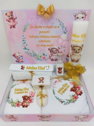 Trusou Botez Roz Si Auriu Cu Tematica Ursuleţ