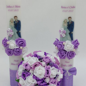 Pachet Nunta (2 Lumanari Personalizate + Buchet Mireasa Mov)
