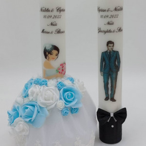 Set 2 Lumanari Nunta Bleu Cu Rochie Si Papion