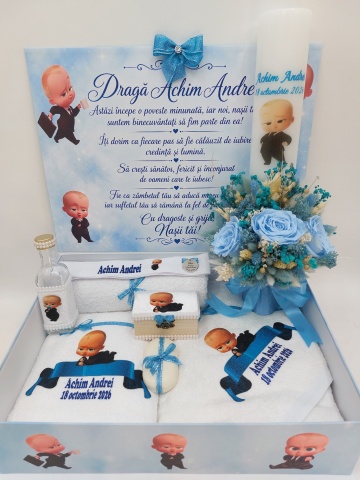 Trusou Botez Personalizat Boss Baby cu Trandafiri Criogenaţi Bleu și Lumânare Decorată - Img 1