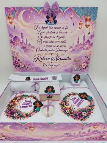 Trusou De Botez Personalizat Pentru Fetiță, Tematică Jasmine, Cu Mov , Nume Şi Dată - Img 2