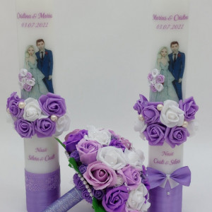 Pachet Nunta (2 Lumanari Personalizate + Buchet Mireasa Mov) - Img 2