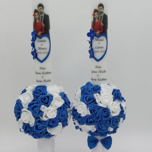 Set Buchet Mireasa + 2 Lumanari Nunta Cu Aranjament Din Flori Artificiale Albastre - Img 3
