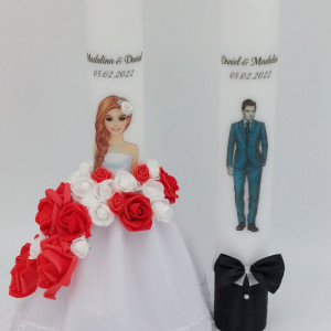 Set 2 Lumanari Nunta/Cununie Cu Rochie Si Flori Artificiale