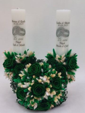 Set 2 Lumanari Nunta De Argint Si Buchet Verde