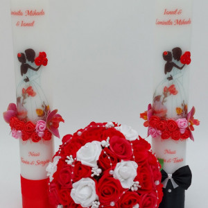 Set Buchet Mireasa Rosu + 2 Lumanari Cununie Groase