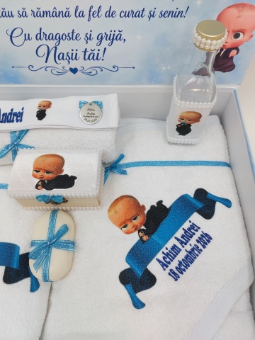 Trusou Botez Personalizat Boss Baby cu Trandafiri Criogenaţi Bleu și Lumânare Decorată - Img 5