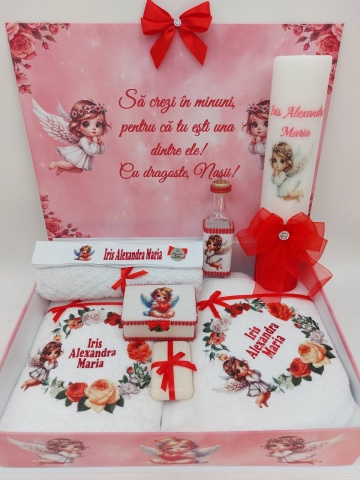 Trusou Botez Rosu Cu Ingeras Si Lumanare Personalizata
