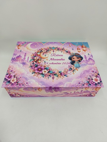 Trusou De Botez Personalizat Pentru Fetiță, Tematică Jasmine, Cu Mov , Nume Şi Dată - Img 6