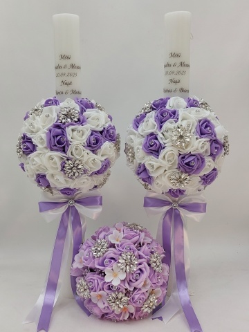 Set 2 Lumanari Nunta 60 Cm Si Buchet Mireasa Mov