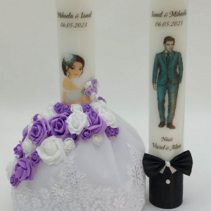 Set 2 Lumanari Nunta Cu Rochie Si Flori Artificiale Mov