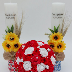 Set 2 Lumanari Nunta Traditionale + Buchet Mireasa/Nasa Rosu