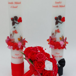 Set Buchet Mireasa Rosu + 2 Lumanari Cununie Groase - Img 2