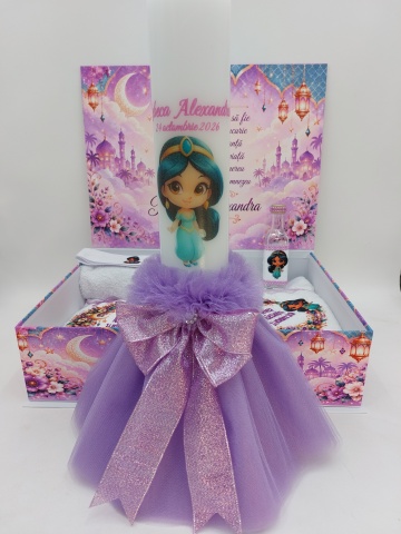 Trusou De Botez Personalizat Pentru Fetiță, Tematică Jasmine, Cu Mov , Nume Şi Dată - Img 3