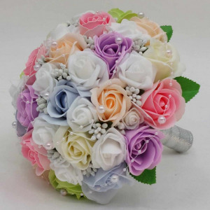 Buchet Nunta Cu Cream, Alb, Lila, Bleu, Verde, Somon - Img 2