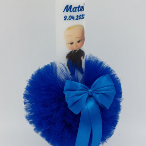 lumanare botez personalizata cu tul albastru si baby boss