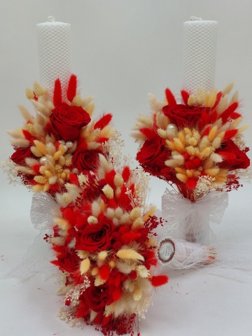 Lumanari Nunta Rosii + Buchet Mireasa Flori Naturale Criogenate+Brosa Personalizata - Img 2